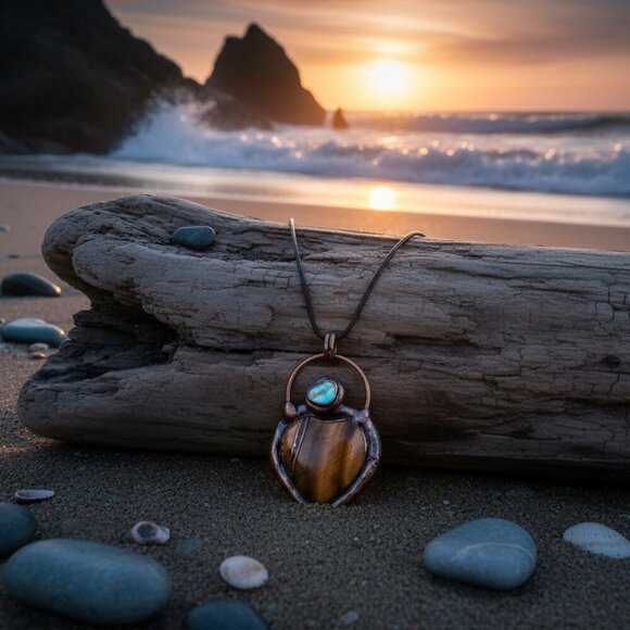 🆕️Boho Chic Copper Heart Pendant Necklace | Genuine Tiger's Eye & Abalone Shell - Picture 14 of 14